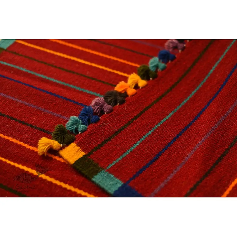 hand woven woolen durrie - Dark Red Striped