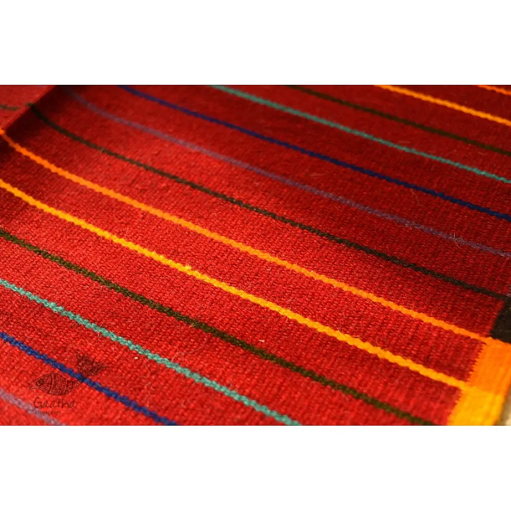 hand woven woolen durrie - Dark Red Striped