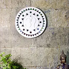Home And Living | Handmade ~ Kutch Lippan Mud Work  Om symbol 10 inches Round Wall Plate -White