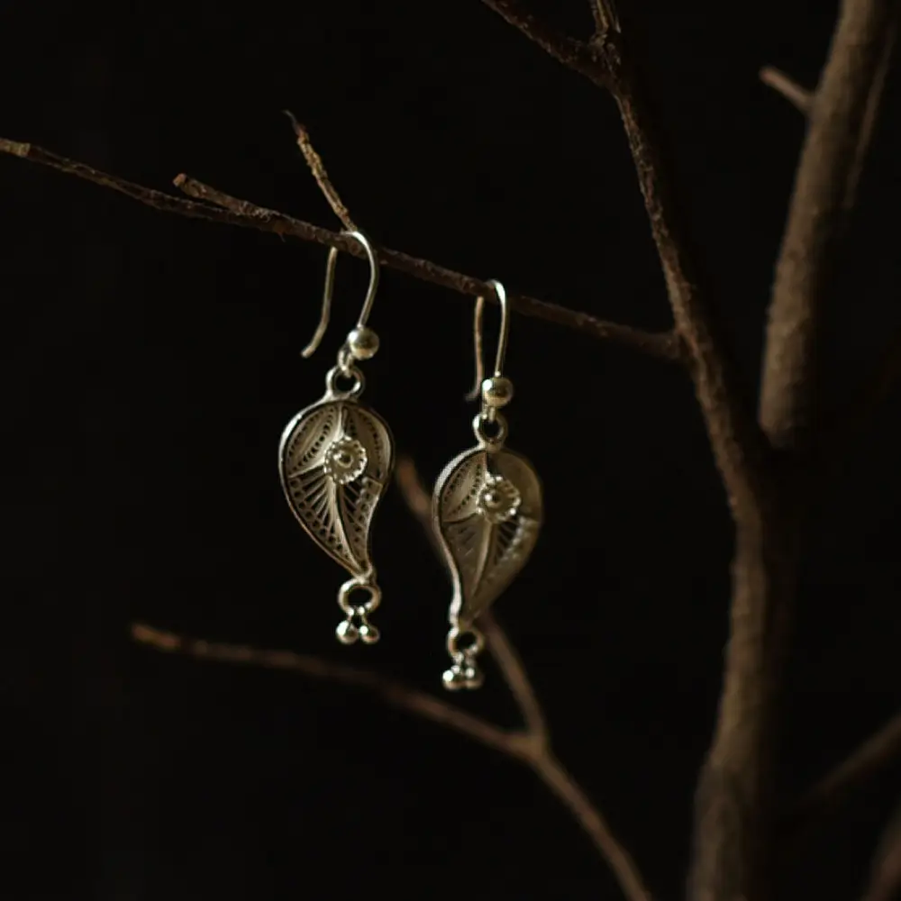 Shop Handcrafted Filigree Silver Earring - Paan Shape 