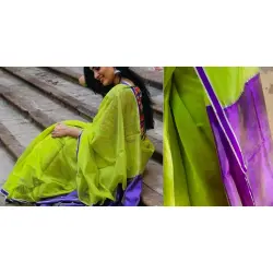 Kamya . काम्या ~ Handloom Silk Cotton Saree - Parrot Green