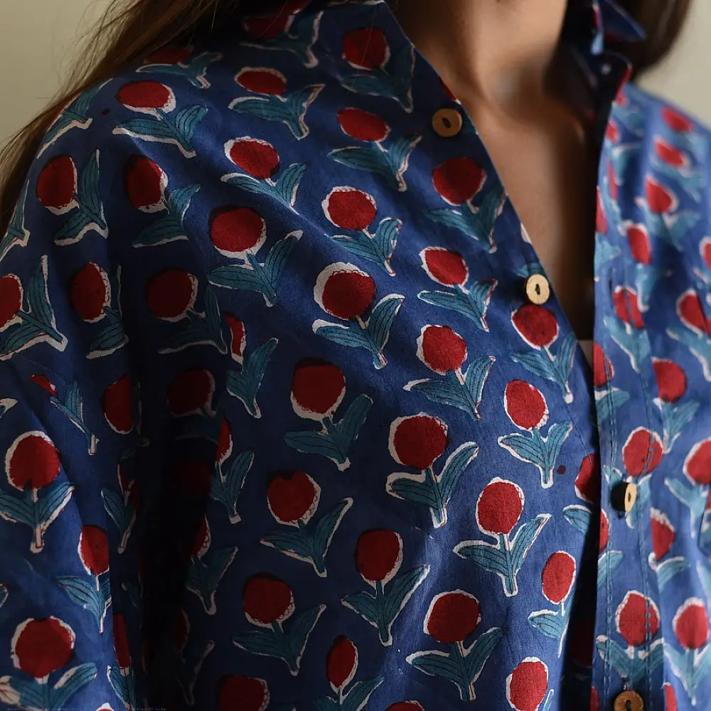 Shop block printed cotton Shirt ~ Blue- 