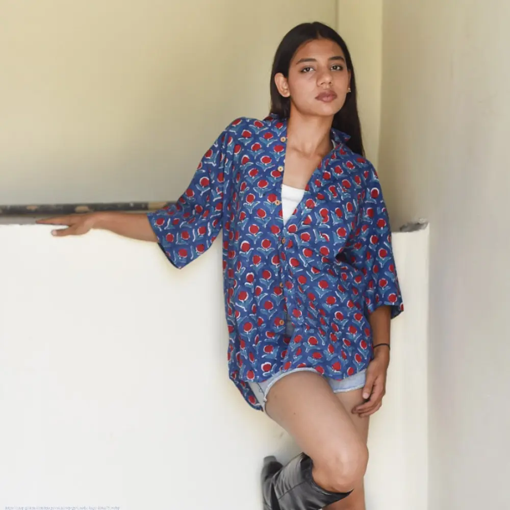 Shop block printed cotton Shirt ~ Blue- 