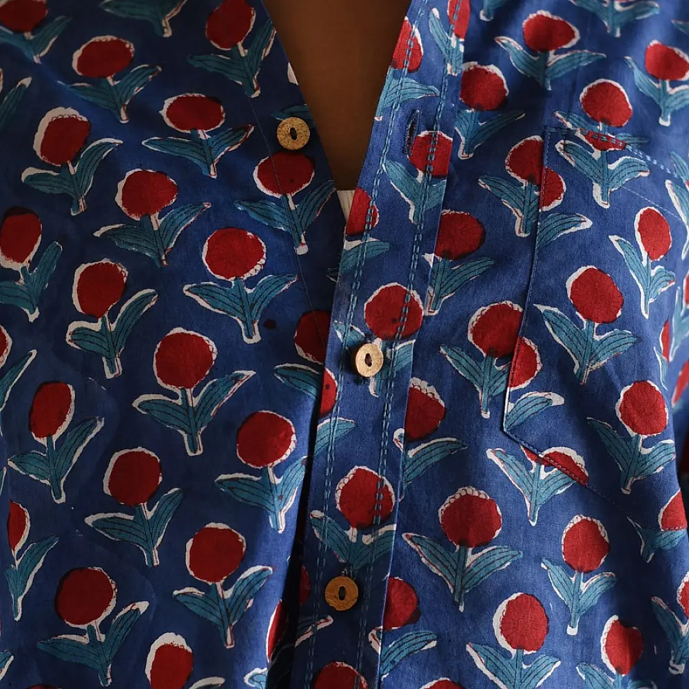 Shop block printed cotton Shirt ~ Blue- 