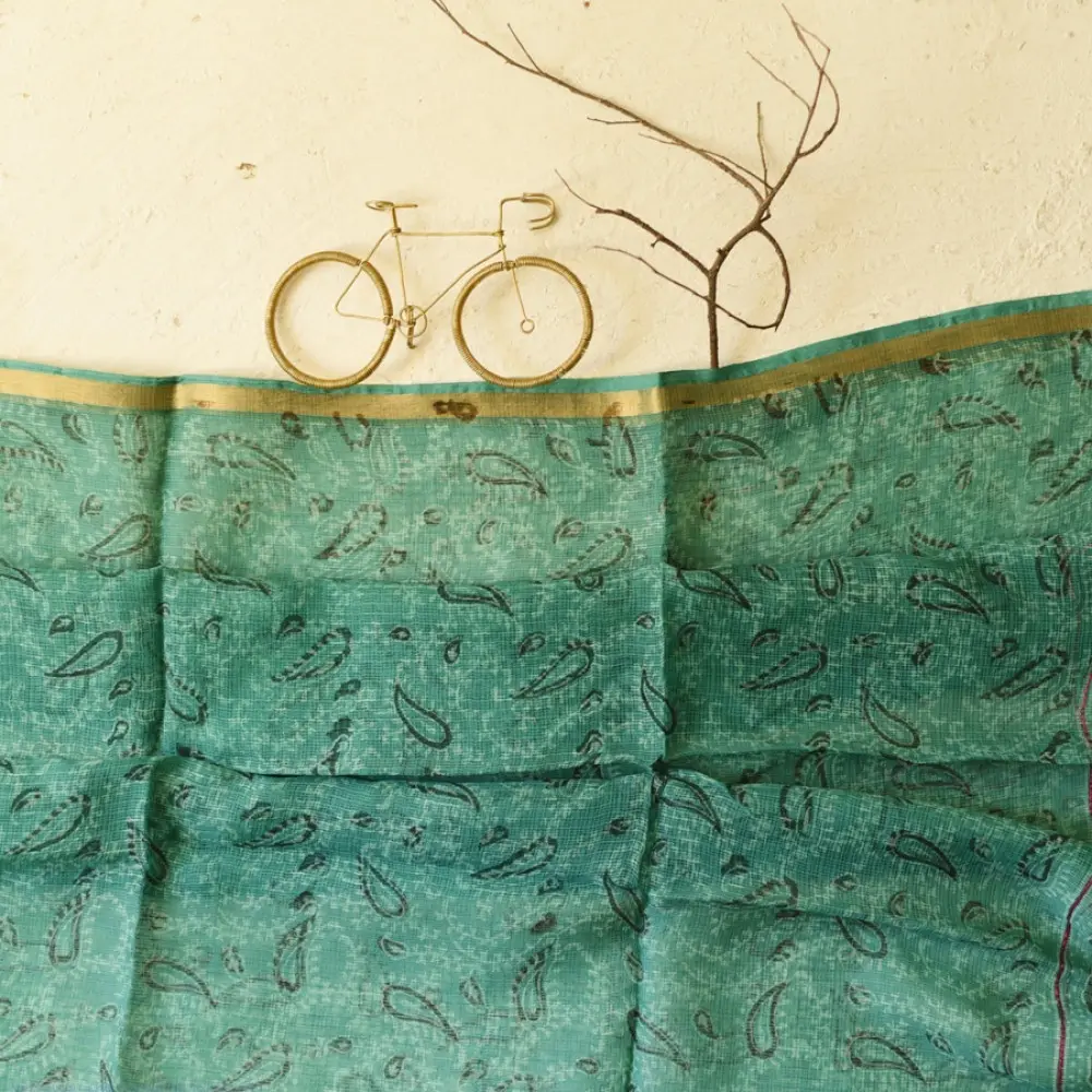 shop Block Printed - Kota Doria Green Dupatta 