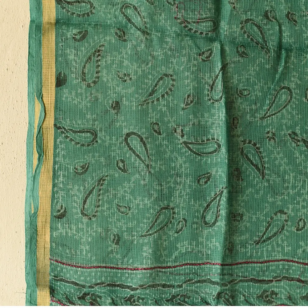 shop Block Printed - Kota Doria Green Dupatta 