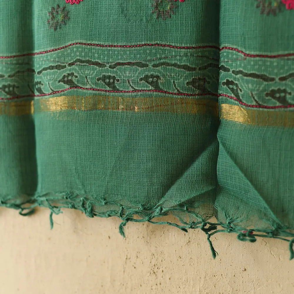 shop Block Printed - Kota Doria Green Dupatta 