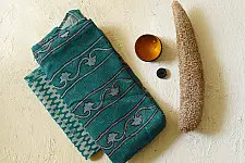 Block Printed Kota Cotton | Hand Embroidered Saree - Cyan Blue Color