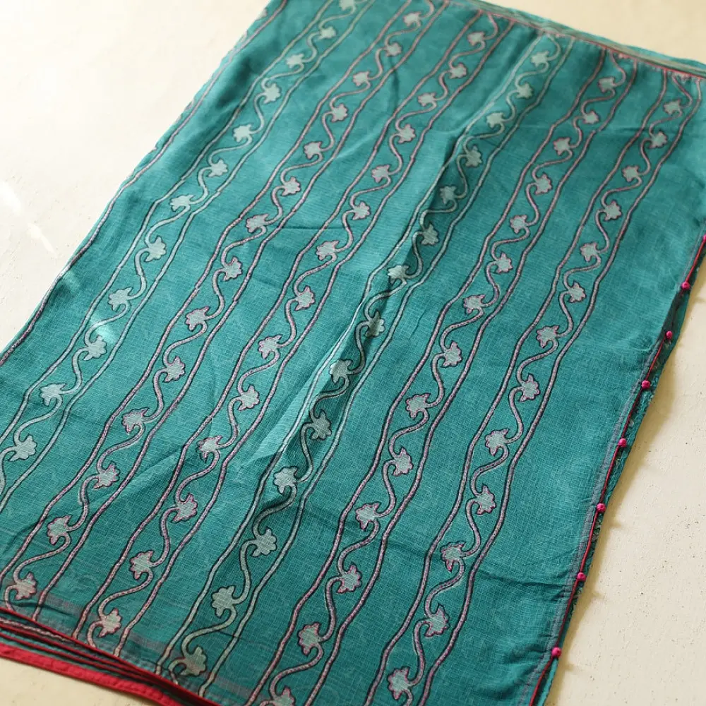 shop Block Printed Kota Cotton | Hand Embroidered Saree - Cyan Blue Color