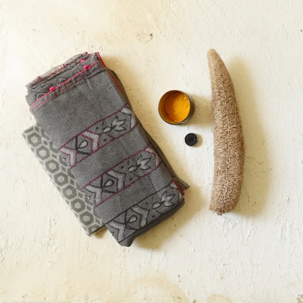 shop Block Printed Kota Cotton | Hand Embroidered grey Saree