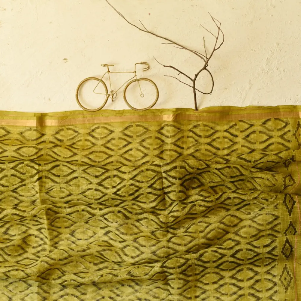 shop Block Printed Soft Kota Doria Cotton Dupatta - Yellow