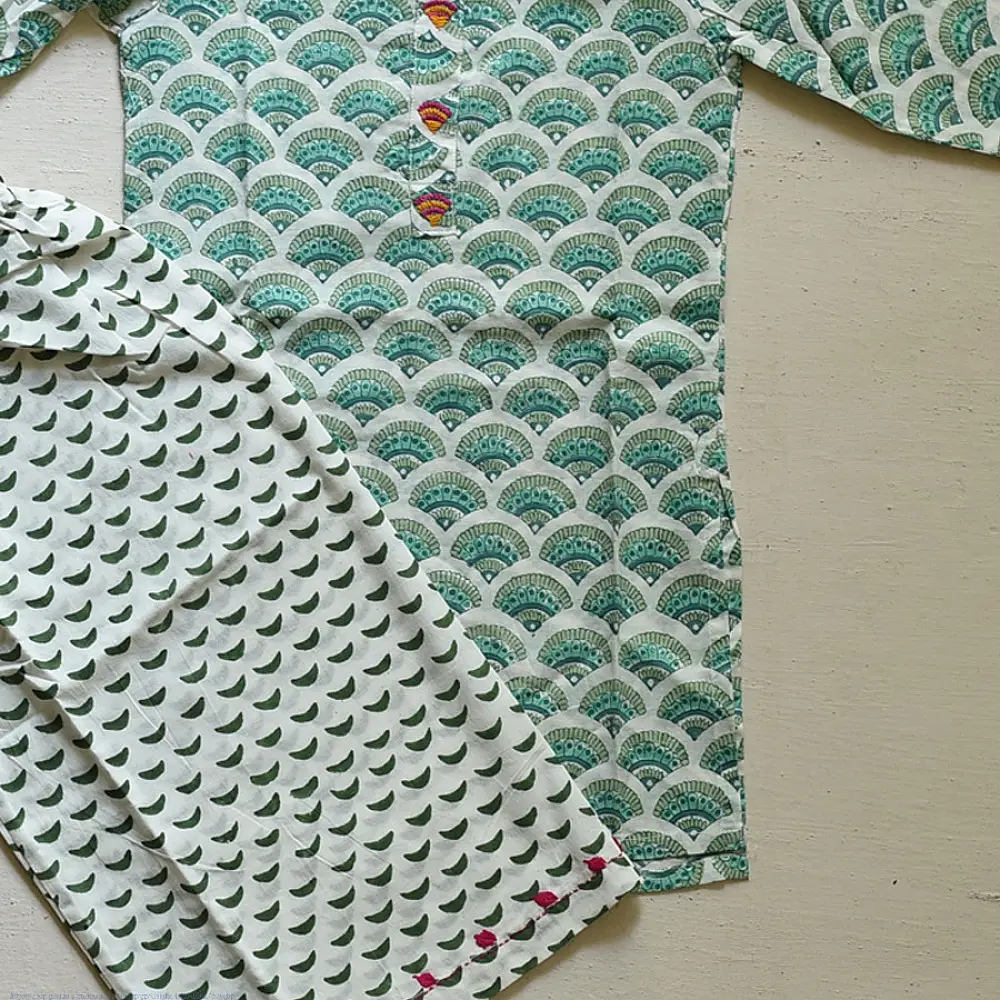 mint green pure cotton girls kurta and palazzo set with scalloped prints and embroidered accents