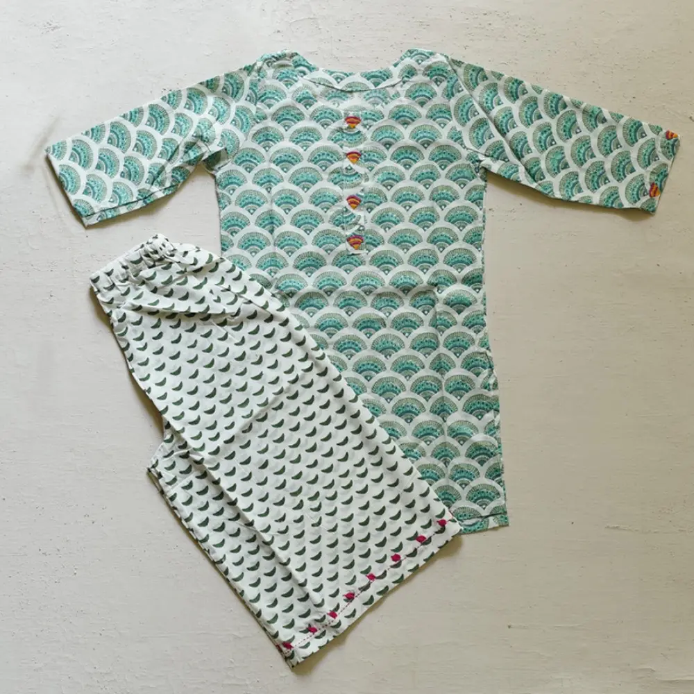 mint green pure cotton girls kurta and palazzo set with scalloped prints and embroidered accents