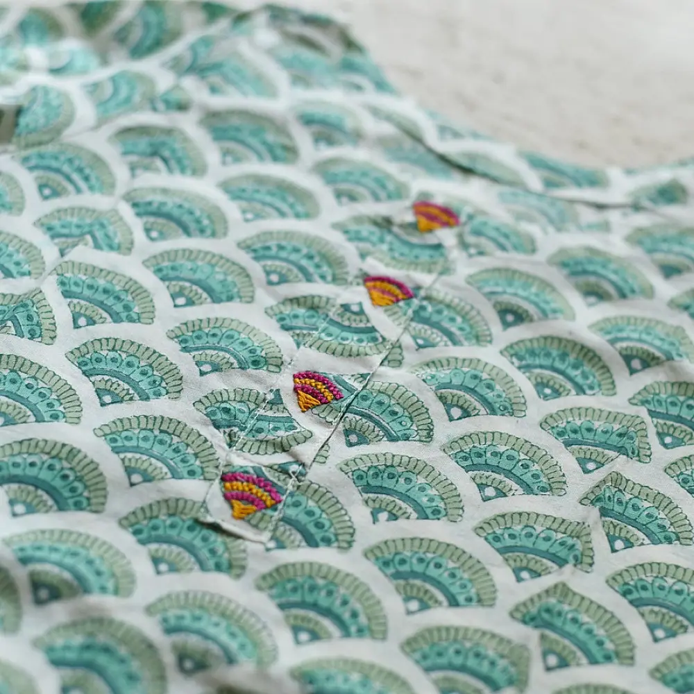 mint green pure cotton girls kurta and palazzo set with scalloped prints and embroidered accents