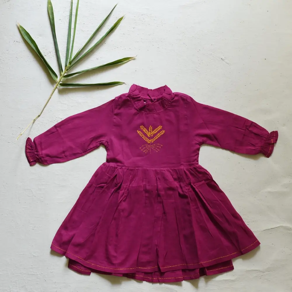magenta pink pure cotton mulmul double layered girls frock with full sleeves and yellow embroidery