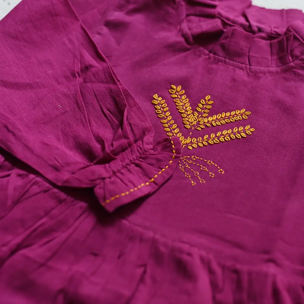 magenta pink pure cotton mulmul double layered girls frock with full sleeves and yellow embroidery