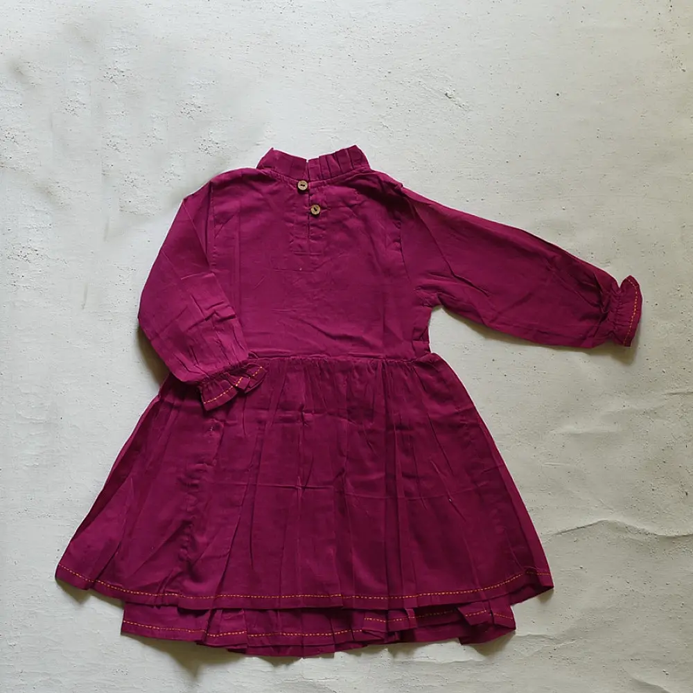 magenta pink pure cotton mulmul double layered girls frock with full sleeves and yellow embroidery