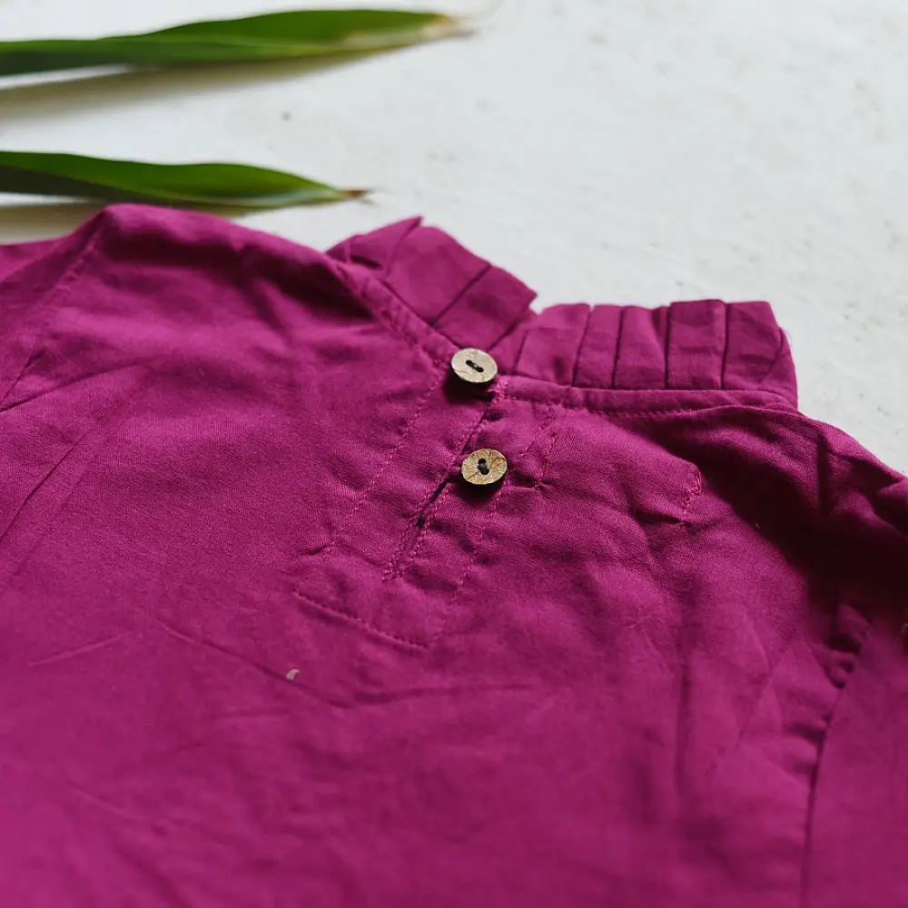 magenta pink pure cotton mulmul double layered girls frock with full sleeves and yellow embroidery