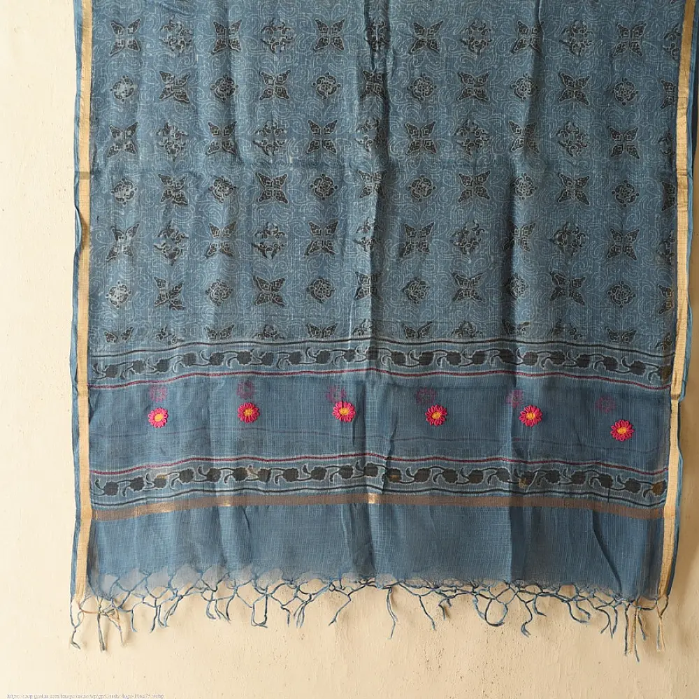 shop Block Printed - Handwoven Kota Doria Cotton Dupatta - Purple & Blue