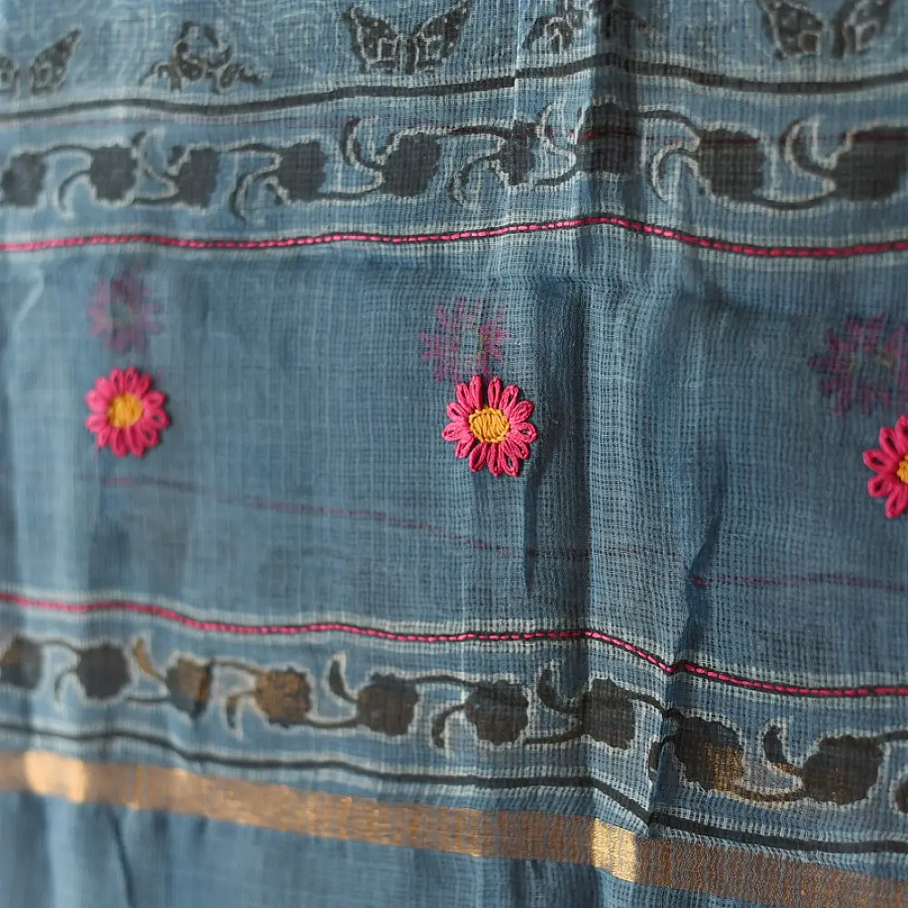 shop Block Printed - Handwoven Kota Doria Cotton Dupatta - Purple & Blue