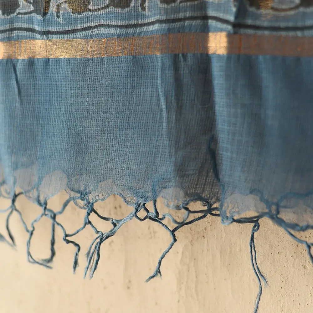 shop Block Printed - Handwoven Kota Doria Cotton Dupatta - Purple & Blue