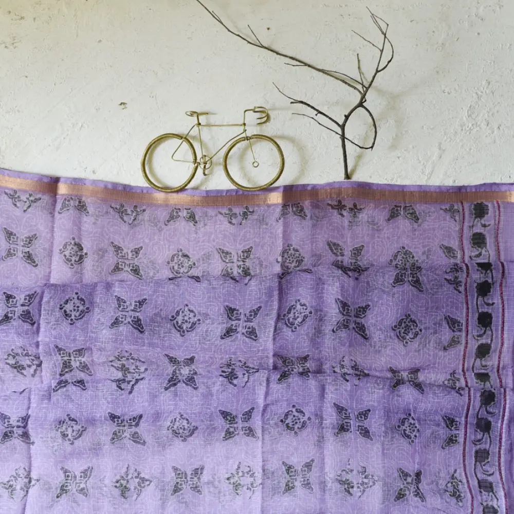 shop Block Printed - Handwoven Kota Doria Cotton Dupatta - Purple & Blue