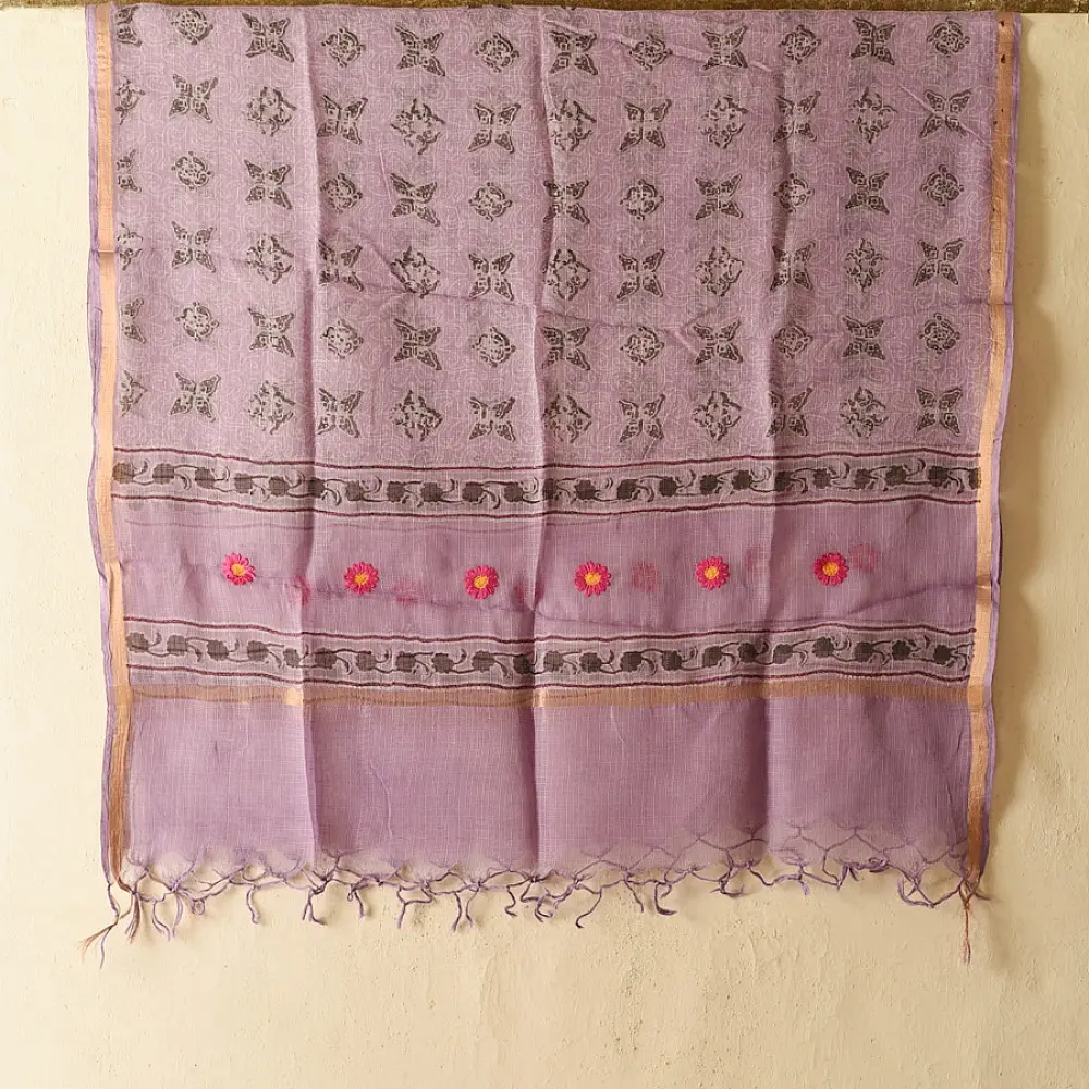 shop Block Printed - Handwoven Kota Doria Cotton Dupatta - Purple & Blue