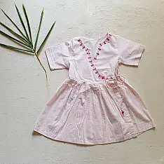 Little Karigari | Pure Cotton Embroidered - Light Pink Angarkha Style Frock
