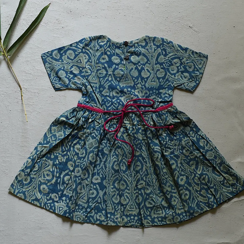 blue pure cotton girls frock with floral print pink piping and embroidered details