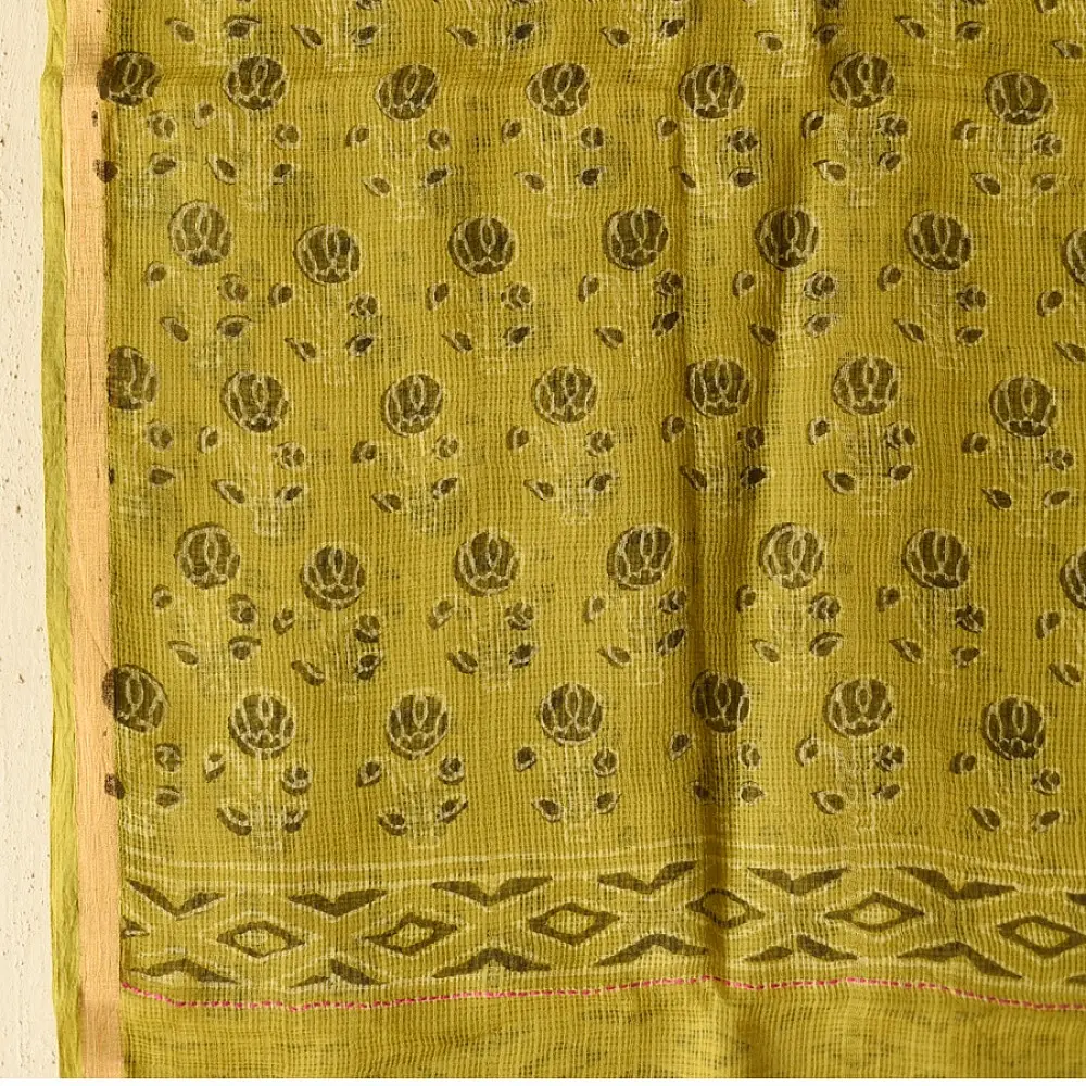 shop Block Printed Kota Doria Cotton Mustard Yellow Dupatta