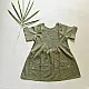 olive green pure cotton girls frock with pintucks floral embroidery and embroidered patch pockets