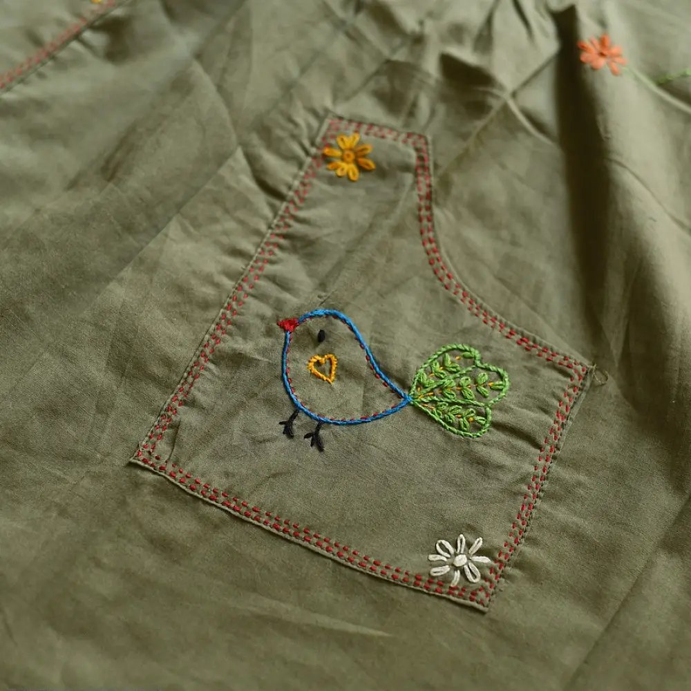 olive green pure cotton girls frock with pintucks floral embroidery and embroidered patch pockets