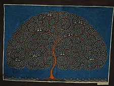 Sacred cloth of the Goddess | Maatani Pachedi Painting ~ Tree in blue Background (28" x 20") 