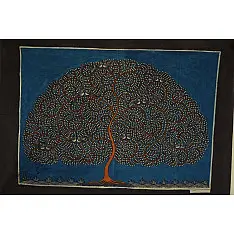 Sacred cloth of the Goddess | Maatani Pachedi Painting ~ Tree in blue Background (28" x 20") 