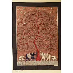 Sacred cloth of the Goddess | Tree of Life in Red Background & Elephants (42" x 31")