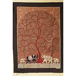 Sacred cloth of the Goddess | Tree of Life in Red Background & Elephants (42" x 31")
