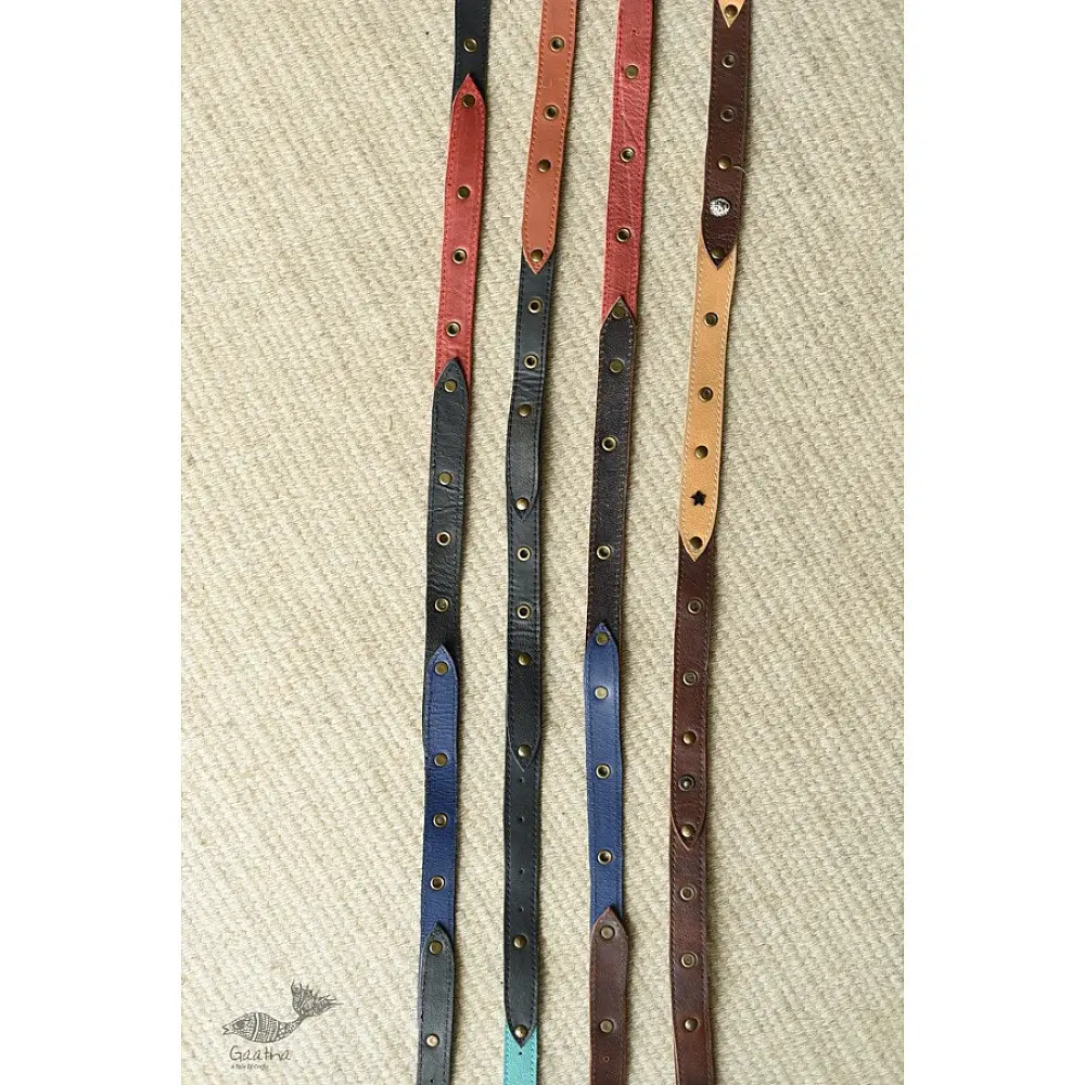 the blue lotus handcrafted slim leather belt four color options royal blue dark brown tan red sleek minimalist casual waist belt gaatha