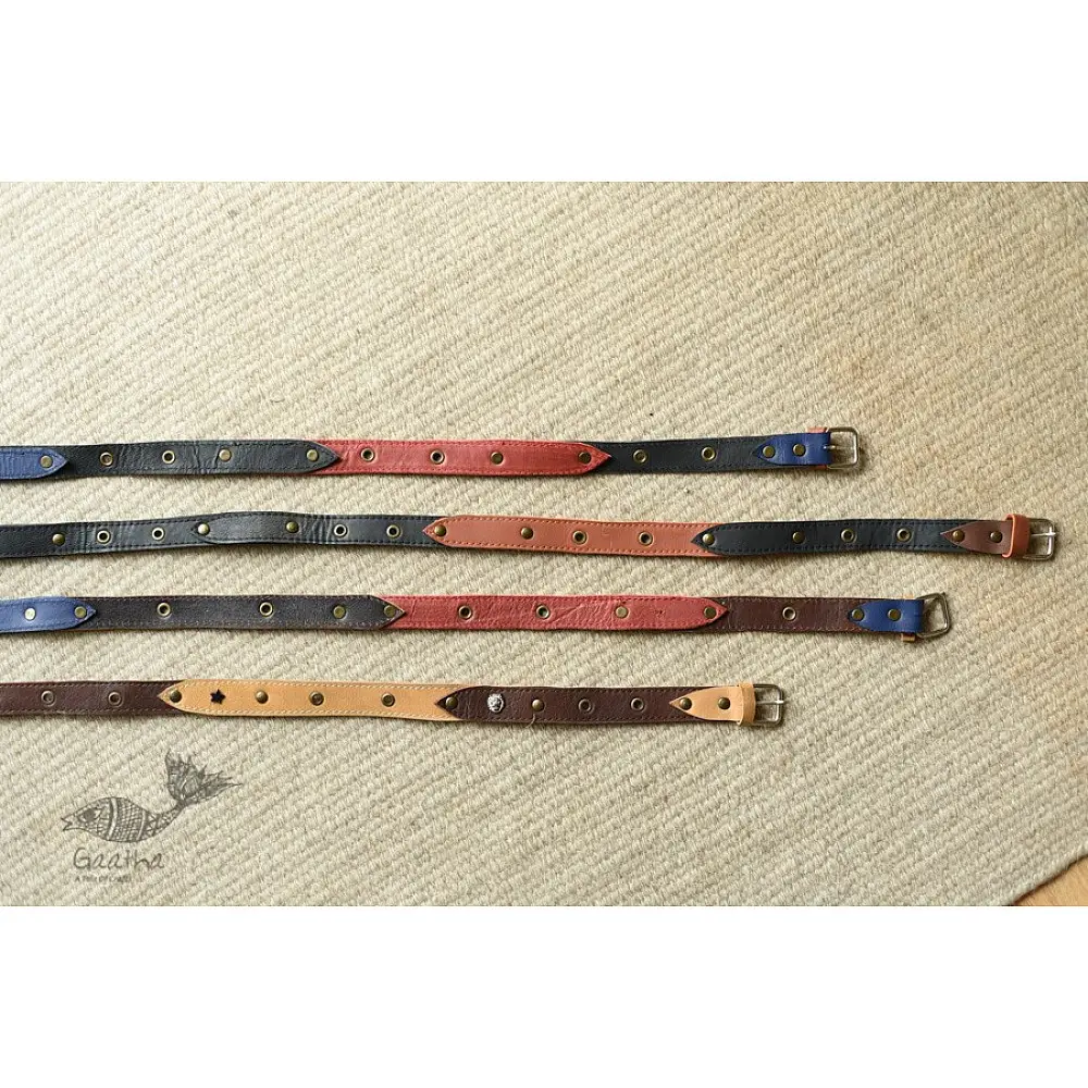 the blue lotus handcrafted slim leather belt four color options royal blue dark brown tan red sleek minimalist casual waist belt gaatha