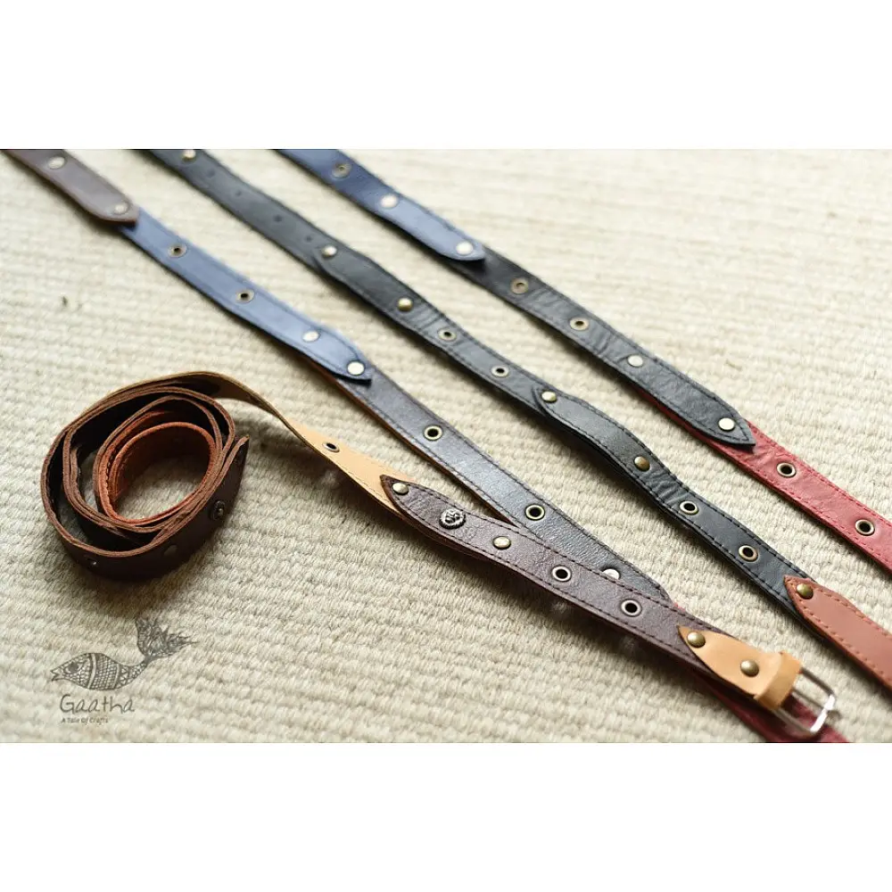 the blue lotus handcrafted slim leather belt four color options royal blue dark brown tan red sleek minimalist casual waist belt gaatha