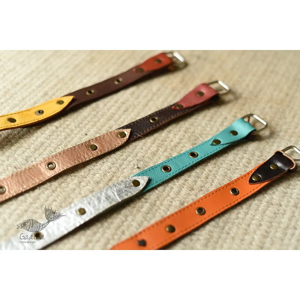 the blue lotus handcrafted slim leather belt five color options mustard yellow turquoise blue classic black earthy tan coral red casual waist belt gaatha