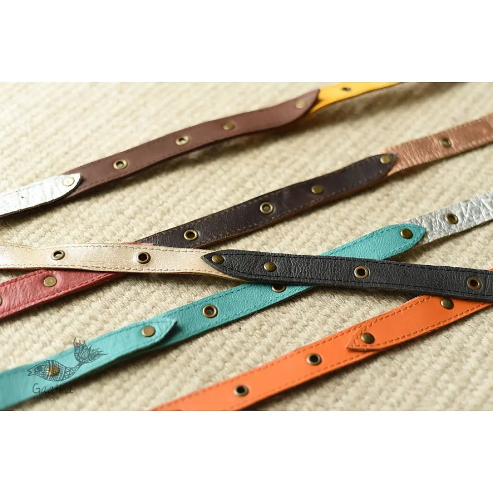 the blue lotus handcrafted slim leather belt five color options mustard yellow turquoise blue classic black earthy tan coral red casual waist belt gaatha