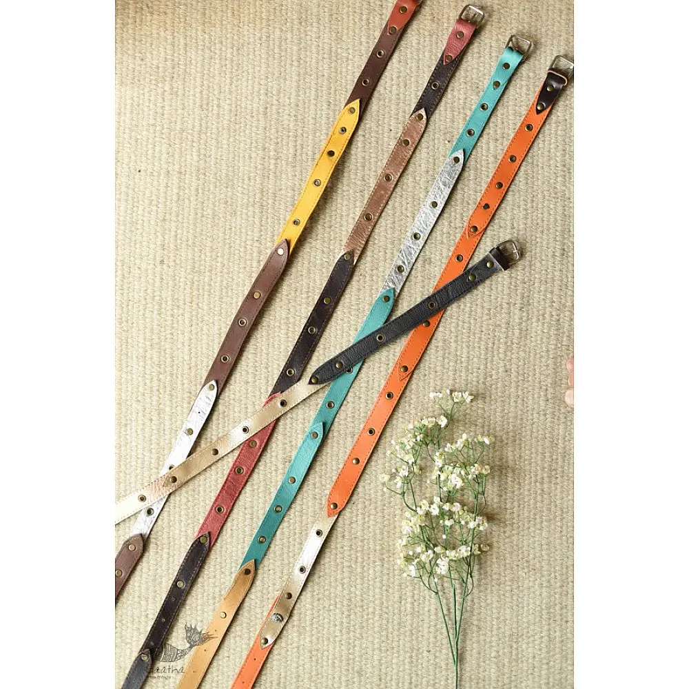 the blue lotus handcrafted slim leather belt five color options mustard yellow turquoise blue classic black earthy tan coral red casual waist belt gaatha