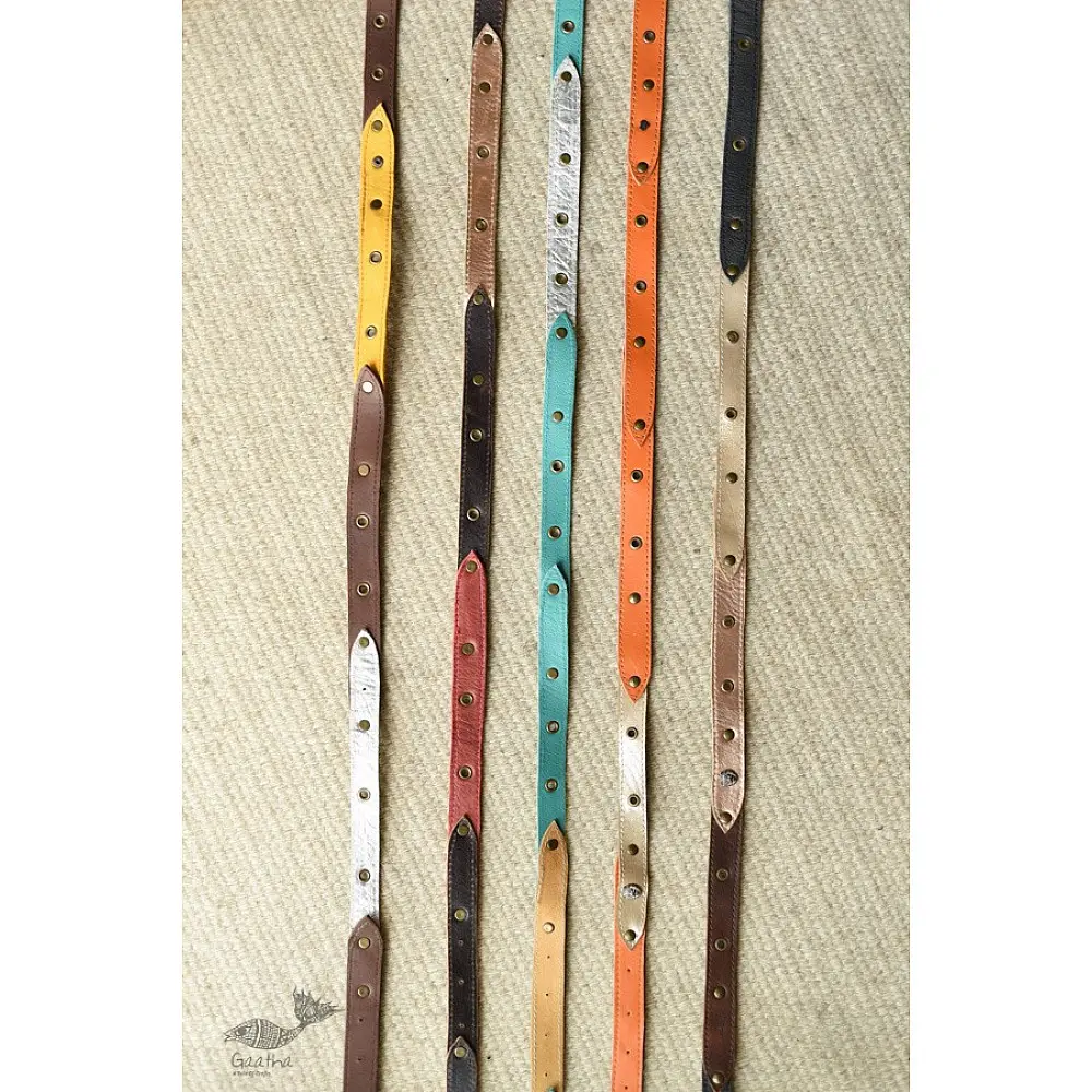 the blue lotus handcrafted slim leather belt five color options mustard yellow turquoise blue classic black earthy tan coral red casual waist belt gaatha
