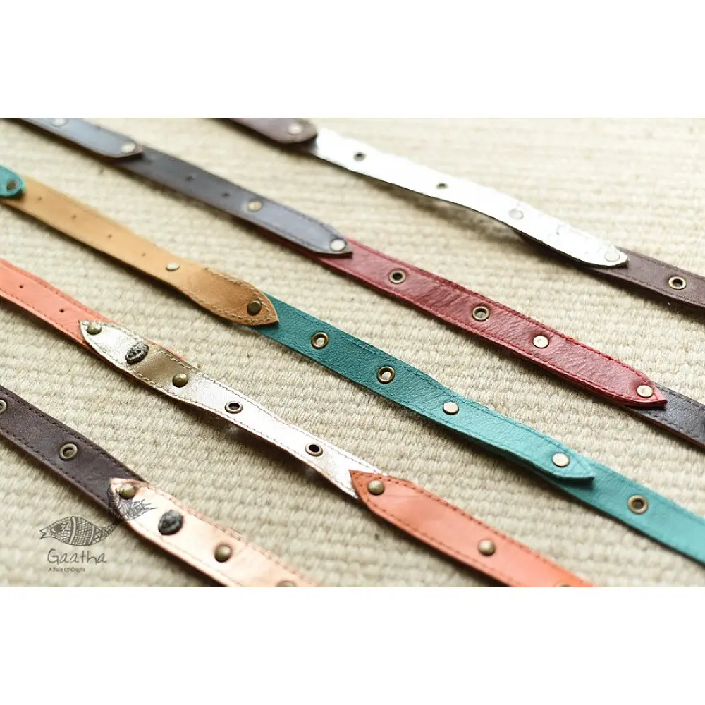 the blue lotus handcrafted slim leather belt five color options mustard yellow turquoise blue classic black earthy tan coral red casual waist belt gaatha