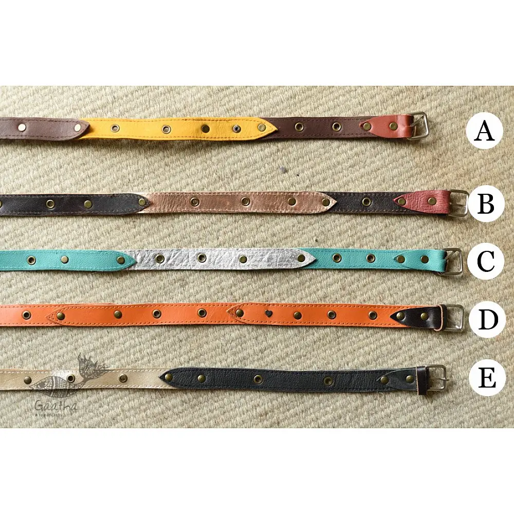 the blue lotus handcrafted slim leather belt five color options mustard yellow turquoise blue classic black earthy tan coral red casual waist belt gaatha