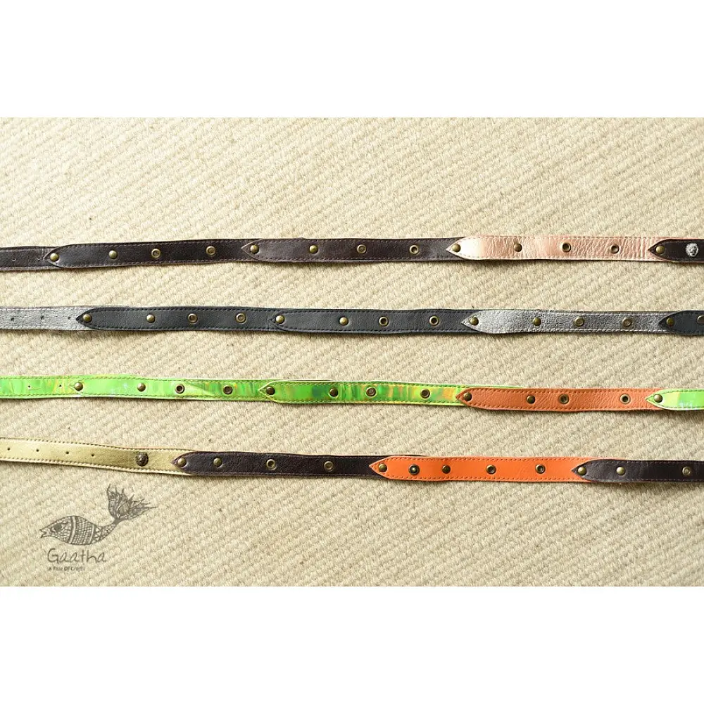 the blue lotus handcrafted slim leather belt four color options tan orange lime green dark brown sleek minimalist casual waist belt gaatha
