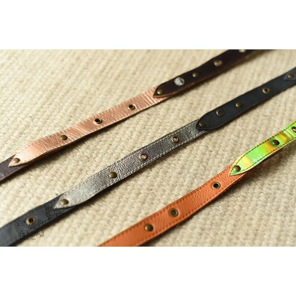 the blue lotus handcrafted slim leather belt four color options tan orange lime green dark brown sleek minimalist casual waist belt gaatha