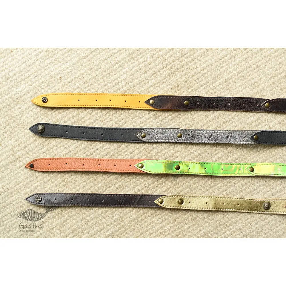 the blue lotus handcrafted slim leather belt four color options tan orange lime green dark brown sleek minimalist casual waist belt gaatha