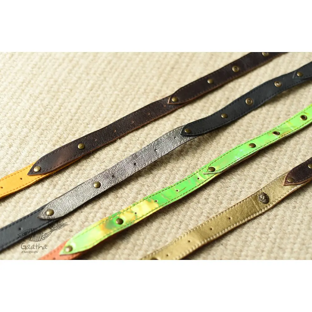 the blue lotus handcrafted slim leather belt four color options tan orange lime green dark brown sleek minimalist casual waist belt gaatha