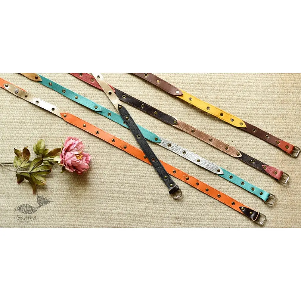 the blue lotus handcrafted slim leather belt five color options mustard yellow turquoise blue classic black earthy tan coral red casual waist belt gaatha